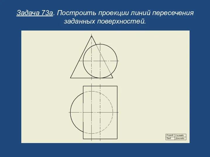 Задача 73a. Построить проекции линий пересечения заданных поверхностей.