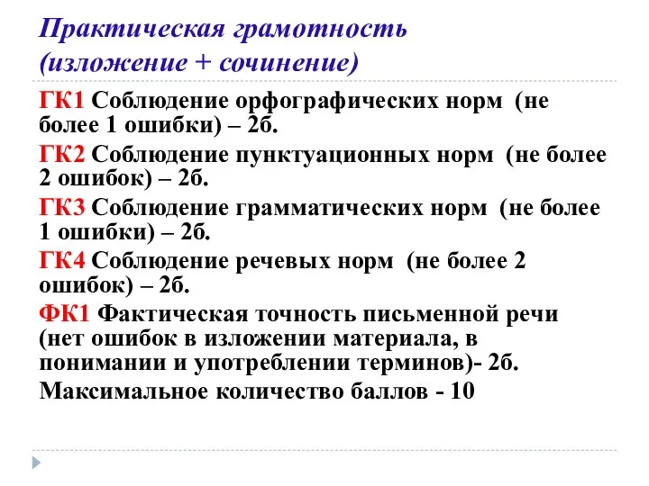 Практическая грамотность (изложение + сочинение) ГК1 Соблюдение орфографических норм (не более