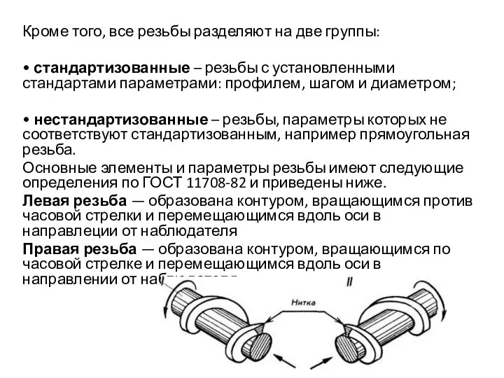 Кроме того, все резьбы разделяют на две группы: • стандартизованные –