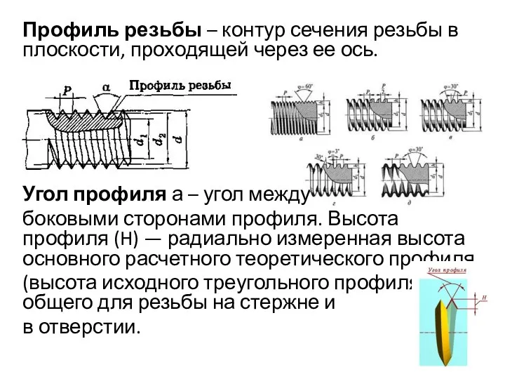 Профиль резьбы – контур сечения резьбы в плоскости, проходящей через ее