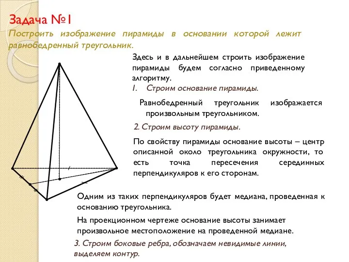 Построить изображение пирамиды в основании которой лежит равнобедренный треугольник. Задача №1