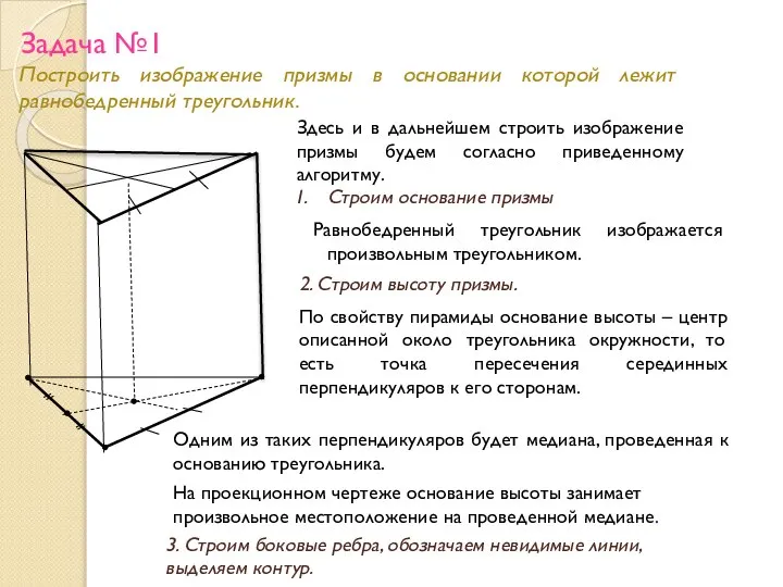 Построить изображение призмы в основании которой лежит равнобедренный треугольник. Задача №1