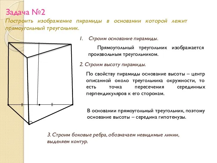 Задача №2 Построить изображение пирамиды в основании которой лежит прямоугольный треугольник.