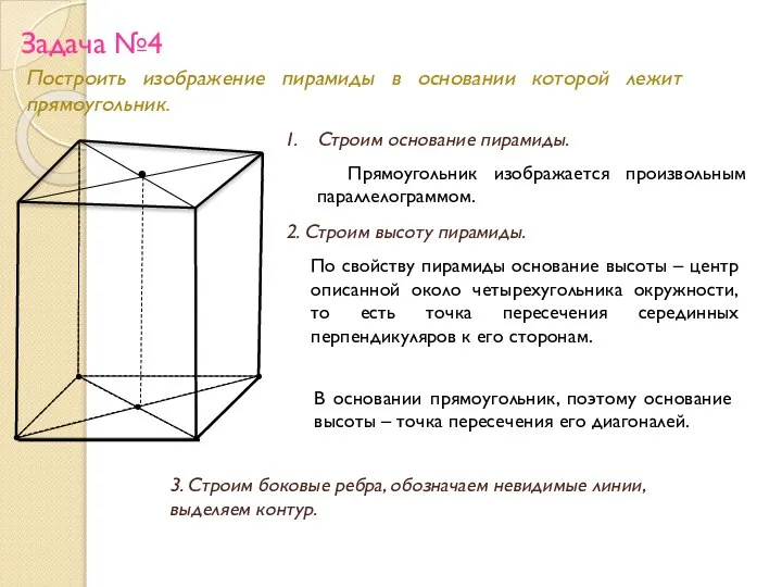 Задача №4 Построить изображение пирамиды в основании которой лежит прямоугольник. Строим