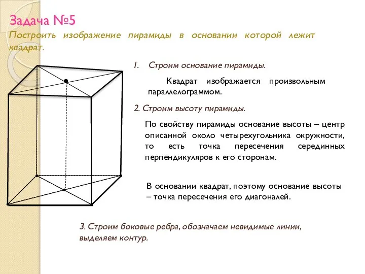 Задача №5 Построить изображение пирамиды в основании которой лежит квадрат. Строим