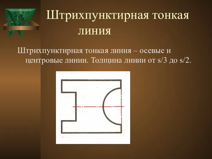 Штрихпунктирная тонкая линия Штрихпунктирная тонкая линия – осевые и центровые линии.