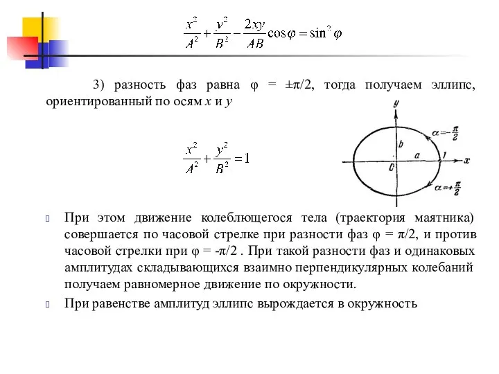 3) разность фаз равна φ = ±π/2, тогда получаем эллипс, ориентированный