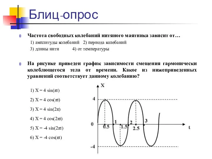 Блиц-опрос Частота свободных колебаний нитяного маятника зависит от… 1) амплитуды колебаний