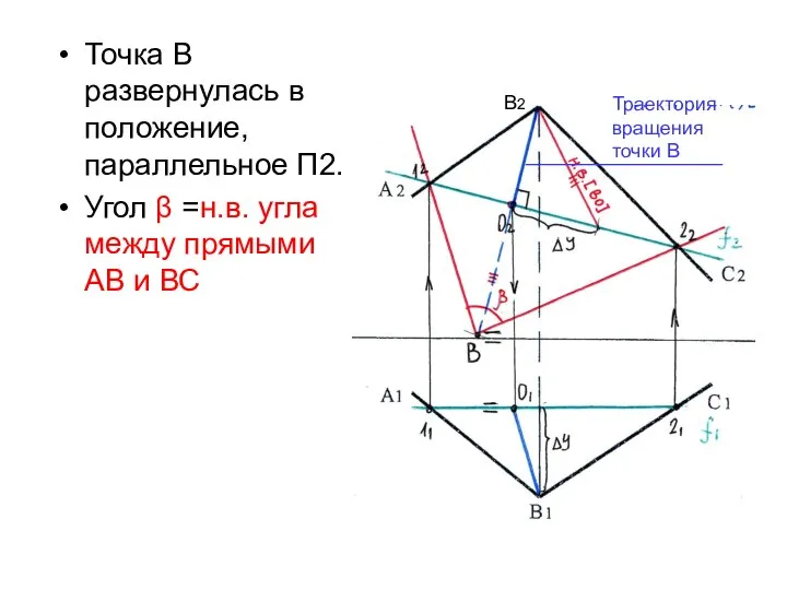 Точка В развернулась в положение, параллельное П2. Угол β =н.в. угла