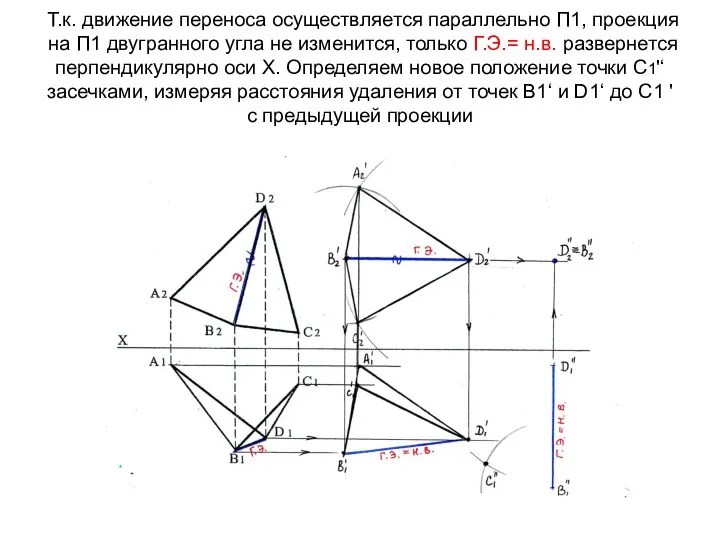 Т.к. движение переноса осуществляется параллельно П1, проекция на П1 двугранного угла