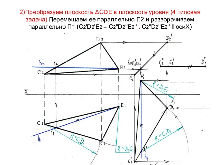 2)Преобразуем плоскость ΔСDЕ в плоскость уровня (4 типовая задача) Перемещаем ее