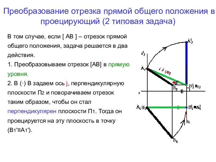 Преобразование отрезка прямой общего положения в проецирующий (2 типовая задача) В