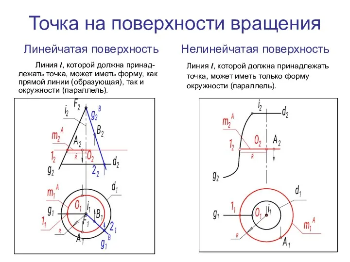 Точка на поверхности вращения Линия l, которой должна принад-лежать точка, может