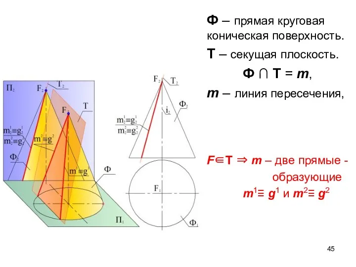 Ф – прямая круговая коническая поверхность. Т – секущая плоскость. Ф