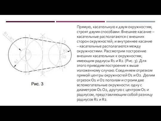 Прямую, касательную к двум окружностям, строят двумя способами: Внешнее касание –