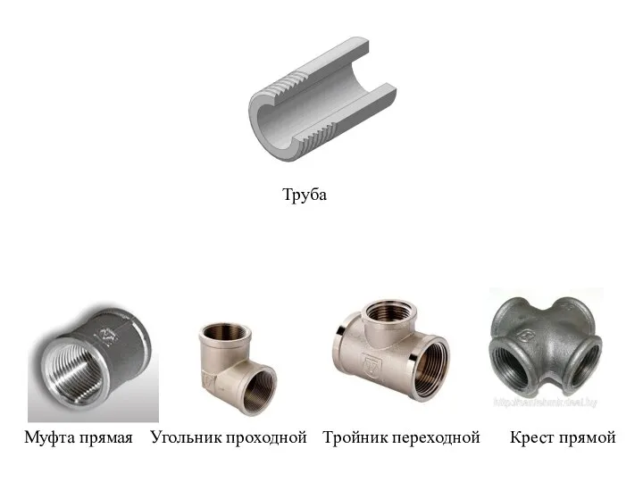 Муфта прямая Крест прямой Тройник переходной Угольник проходной Труба