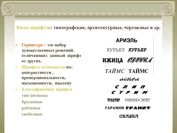 Виды шрифтов: типографские, архитектурные, чертежные и др. Гарнитура – это набор