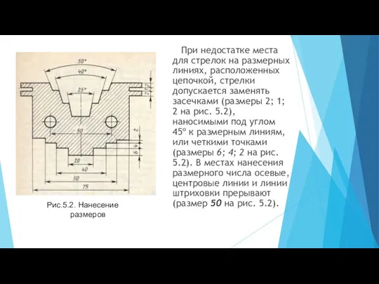 При недостатке места для стрелок на размерных линиях, расположенных цепочкой, стрелки