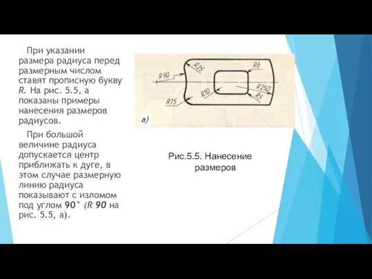 Рис.5.5. Нанесение размеров При указании размера радиуса перед размерным числом ставят