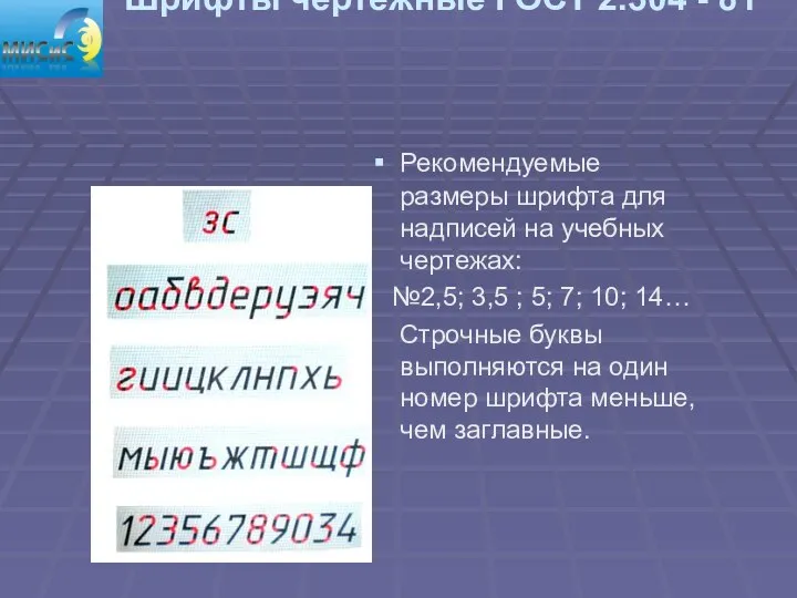 Шрифты чертёжные ГОСТ 2.304 - 81 Рекомендуемые размеры шрифта для надписей