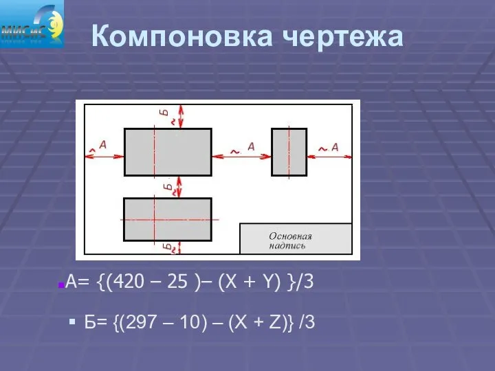 Компоновка чертежа А= {(420 – 25 )– (Х + Y) }/3