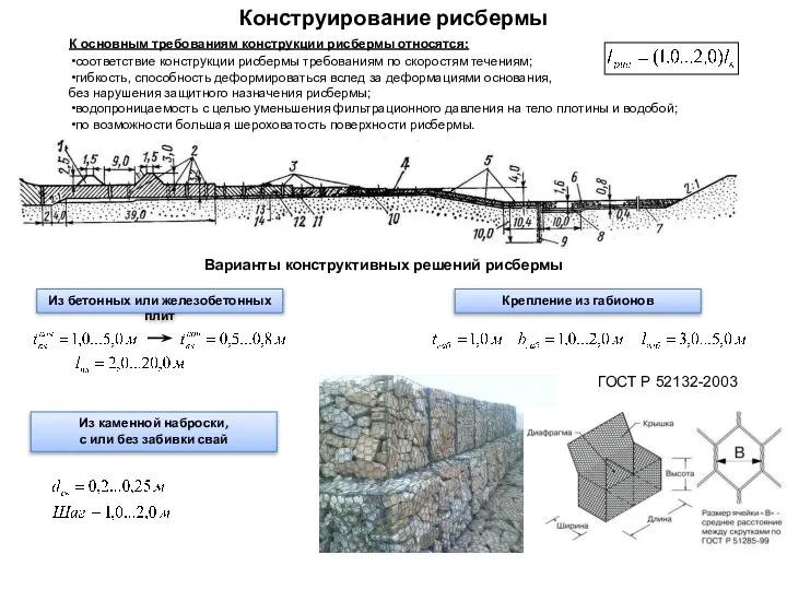 Конструирование рисбермы К основным требованиям конструкции рисбермы относятся: соответствие конструкции рисбермы