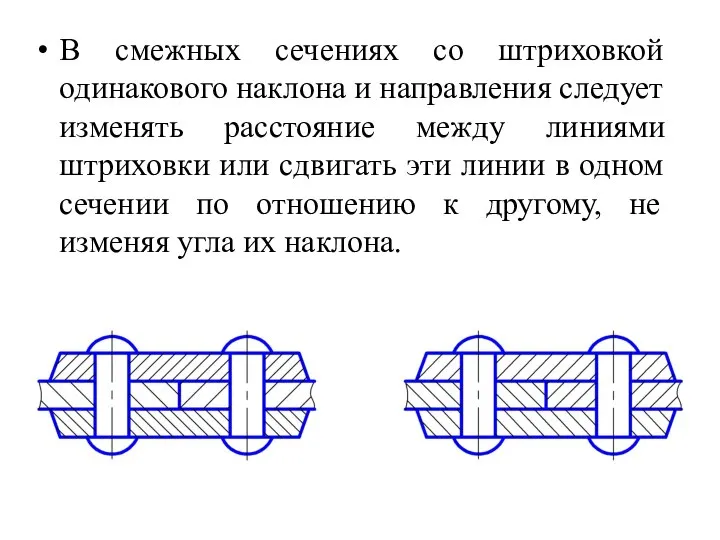 В смежных сечениях со штриховкой одинакового наклона и направления следует изменять