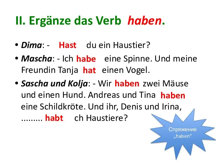 II. Ergänze das Verb haben. Dima: - ........ du ein Haustier?