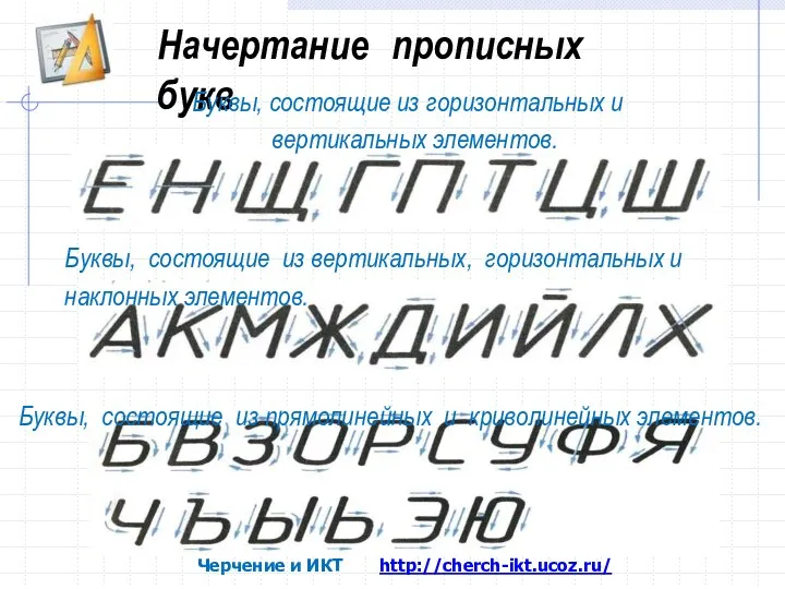 Начертание прописных букв Буквы, состоящие из горизонтальных и вертикальных элементов. Буквы,