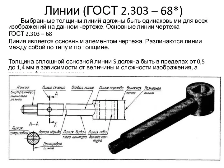 Линии (ГОСТ 2.303 – 68*) Выбранные толщины линий должны быть одинаковыми