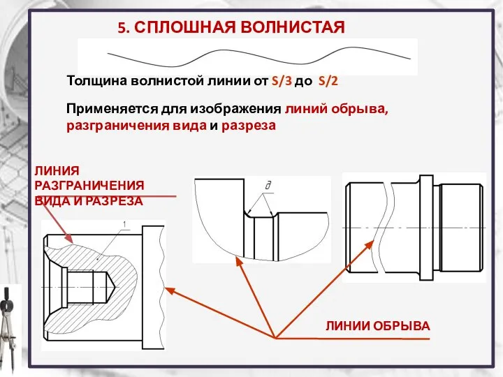 5. СПЛОШНАЯ ВОЛНИСТАЯ ЛИНИЯ Толщина волнистой линии от S/3 до S/2