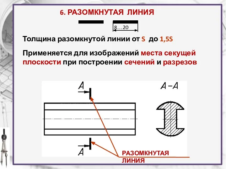 6. РАЗОМКНУТАЯ ЛИНИЯ Толщина разомкнутой линии от S до 1,5S Применяется