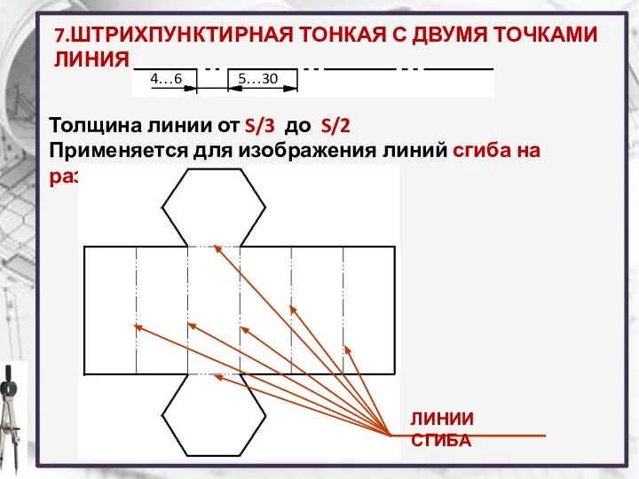 7.ШТРИХПУНКТИРНАЯ ТОНКАЯ С ДВУМЯ ТОЧКАМИ ЛИНИЯ Толщина линии от S/3 до