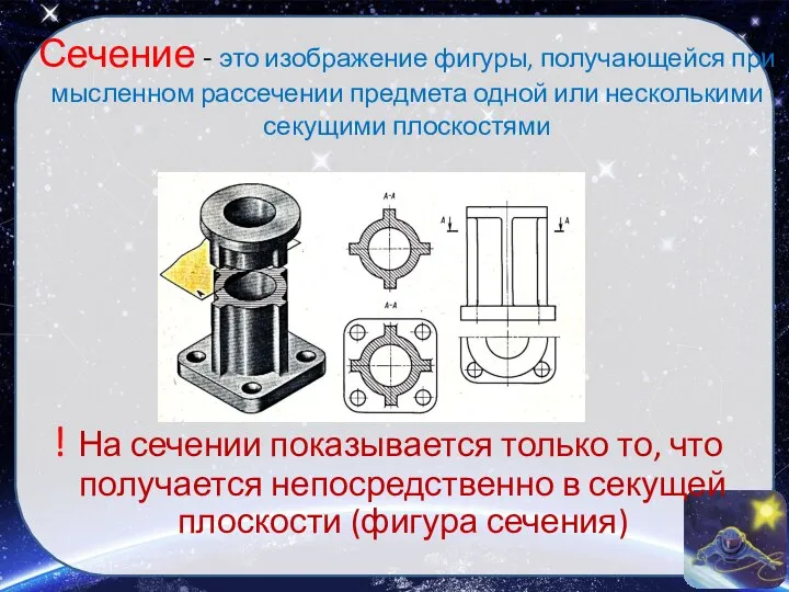 Сечение - это изображение фигуры, получающейся при мысленном рассечении предмета одной