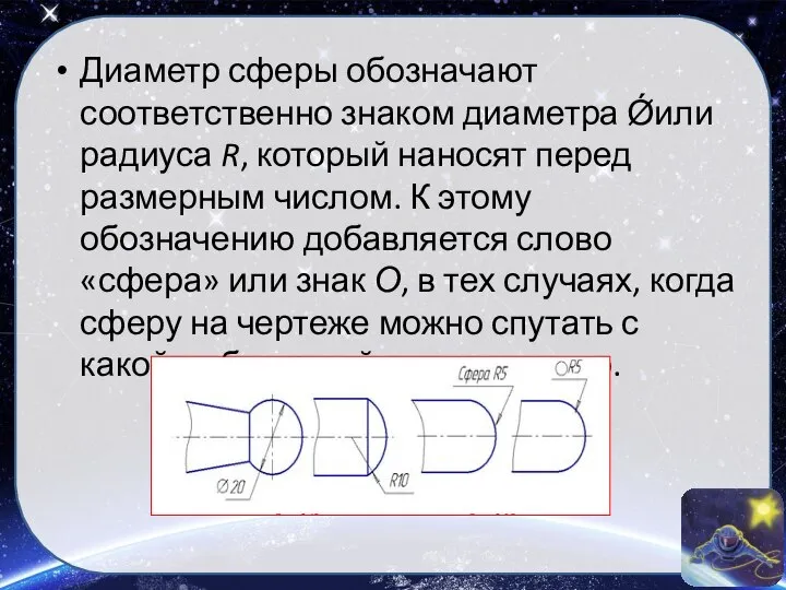 Диаметр сферы обозначают соответственно знаком диаметра Ǿили радиуса R, который наносят