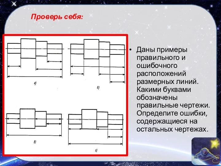 Проверь себя: Даны примеры правильного и ошибочного расположений размерных линий. Какими