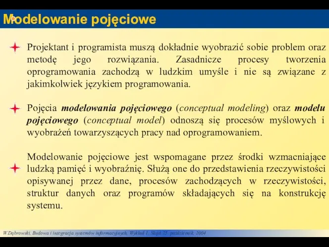 Modelowanie pojęciowe Projektant i programista muszą dokładnie wyobrazić sobie problem oraz