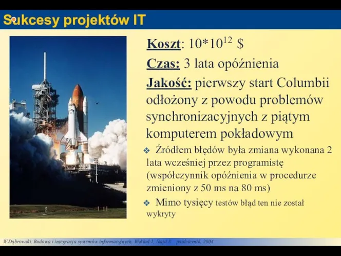 Sukcesy projektów IT Koszt: 10*1012 $ Czas: 3 lata opóźnienia Jakość: