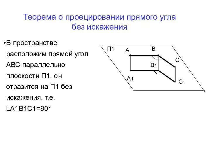 В пространстве расположим прямой угол АВС параллельно плоскости П1, он отразится