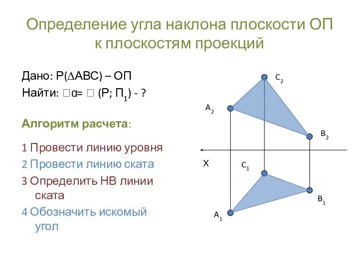 Определение угла наклона плоскости ОП к плоскостям проекций Алгоритм расчета: 1