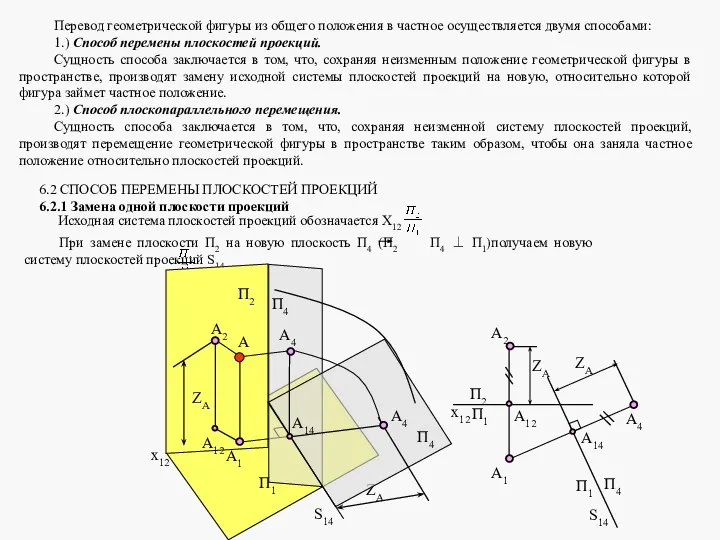 Перевод геометрической фигуры из общего положения в частное осуществляется двумя способами: