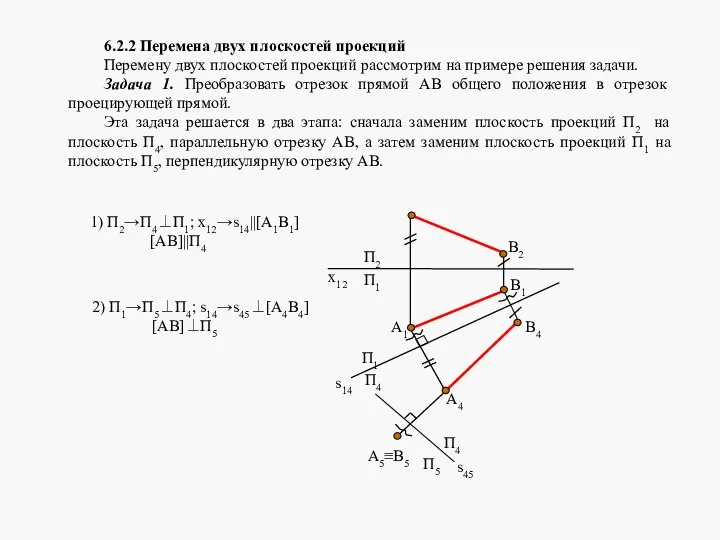 6.2.2 Перемена двух плоскостей проекций Перемену двух плоскостей проекций рассмотрим на