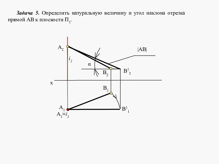 Задача 5. Определить натуральную величину и угол наклона отрезка прямой АВ