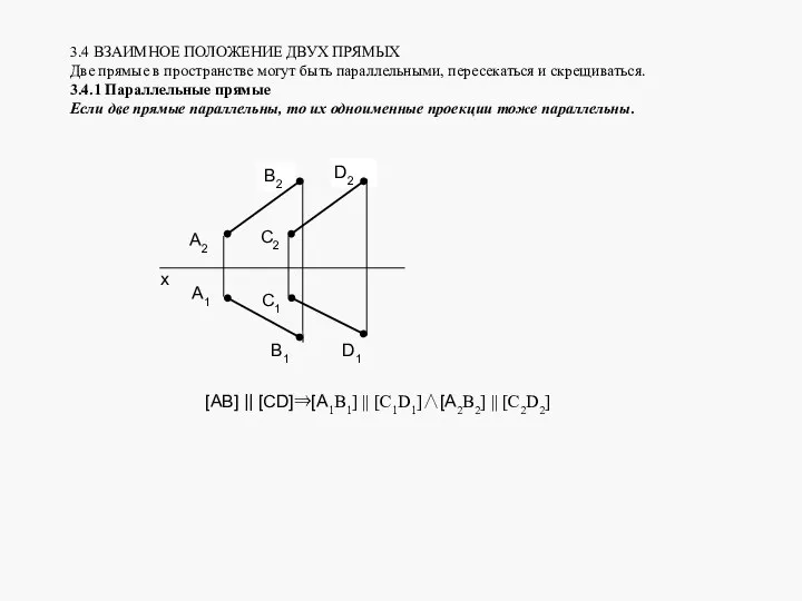 3.4 ВЗАИМНОЕ ПОЛОЖЕНИЕ ДВУХ ПРЯМЫХ Две прямые в пространстве могут быть