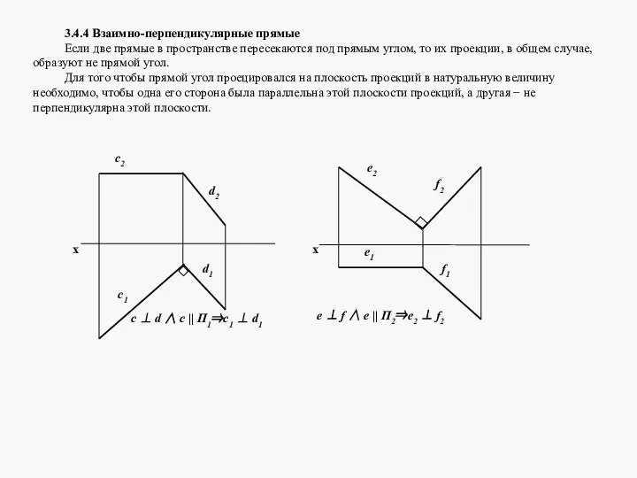 3.4.4 Взаимно-перпендикулярные прямые Если две прямые в пространстве пересекаются под прямым