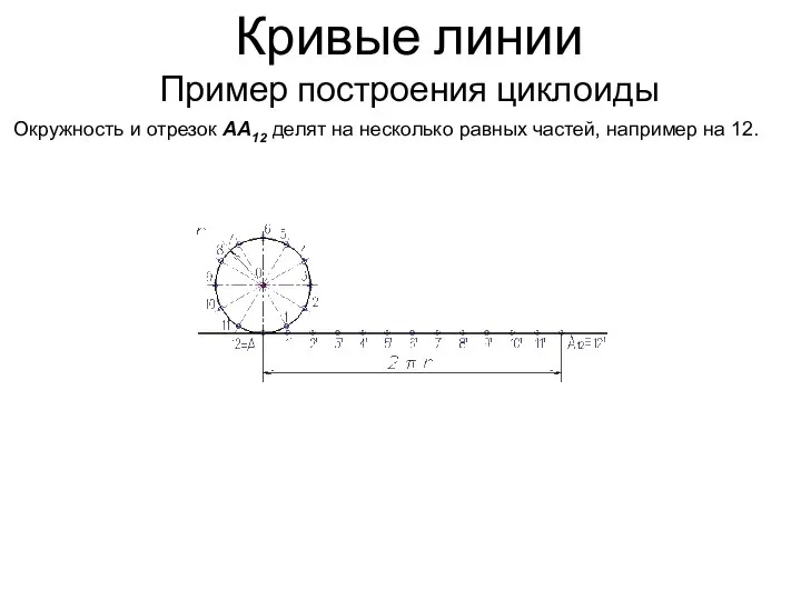 Кривые линии Пример построения циклоиды Окружность и отрезок АА12 делят на