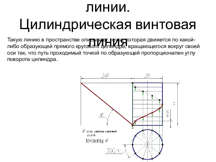 Пространственные кривые линии. Цилиндрическая винтовая линия Такую линию в пространстве описывает