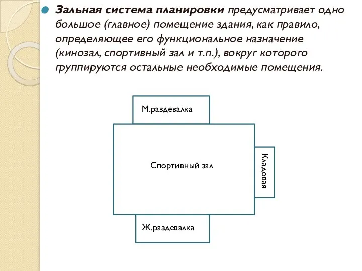 Зальная система планировки предусматривает одно большое (главное) помещение здания, как правило,