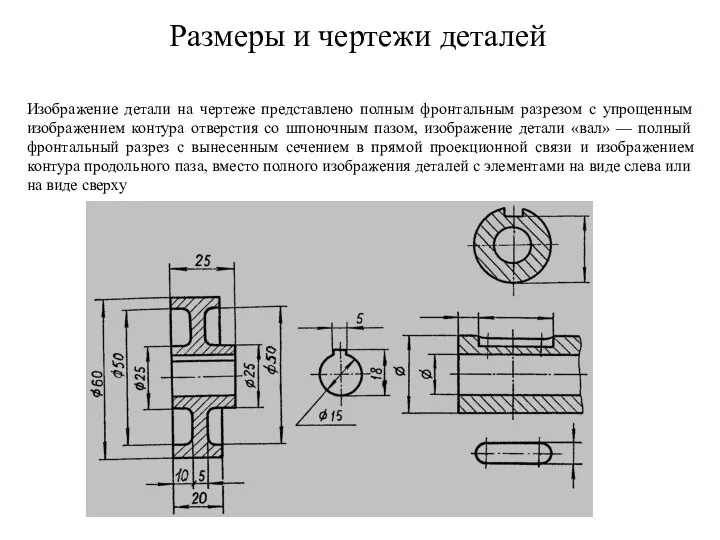 Изображение детали на чертеже представлено полным фронтальным разрезом с упрощенным изображением