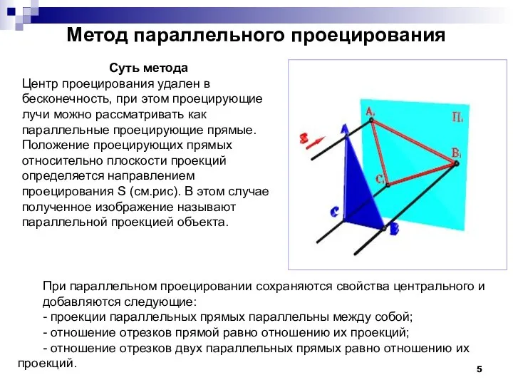 Метод параллельного проецирования Суть метода Центр проецирования удален в бесконечность, при